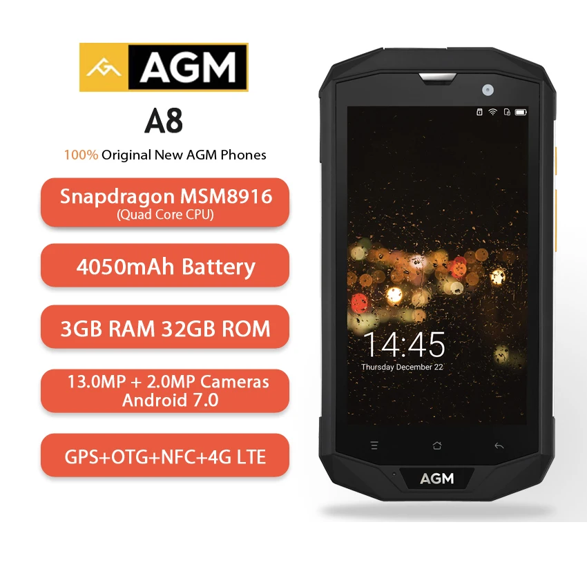 AGM A8 4G IP68 водонепроницаемый смартфон 5,0 'Android 7,0 MSM8916 четырехъядерный 3 ГБ ОЗУ 32 Гб ПЗУ NFC 4050 МП мАч ударопрочный смартфон