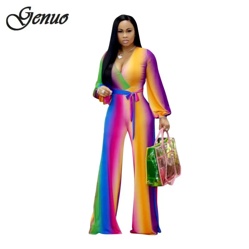 Multi Color Printed Fashion Women Streetwear Full-length Jumpsuit Sexy Deep V Neck Belted Details Wide Legs Pants Jumpsuit Multi Color Printed Fashion Women Streetwear Full-length Jumpsuit Sexy Deep V Neck Belted Details Wide Legs Pants Jumpsuit