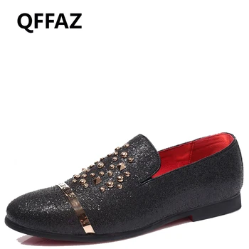 

QFFAZ New Men Leather shoes Rivets loafers Men Dress Shoes sapato masculino oxford slip on Men Shoes Men Party Wedding Shoes