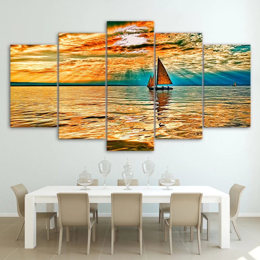 

Drop Shipping HD Printed 5 piece canvas art sky clouds sun rays lake sailboat Painting Canvas Print room decor print art