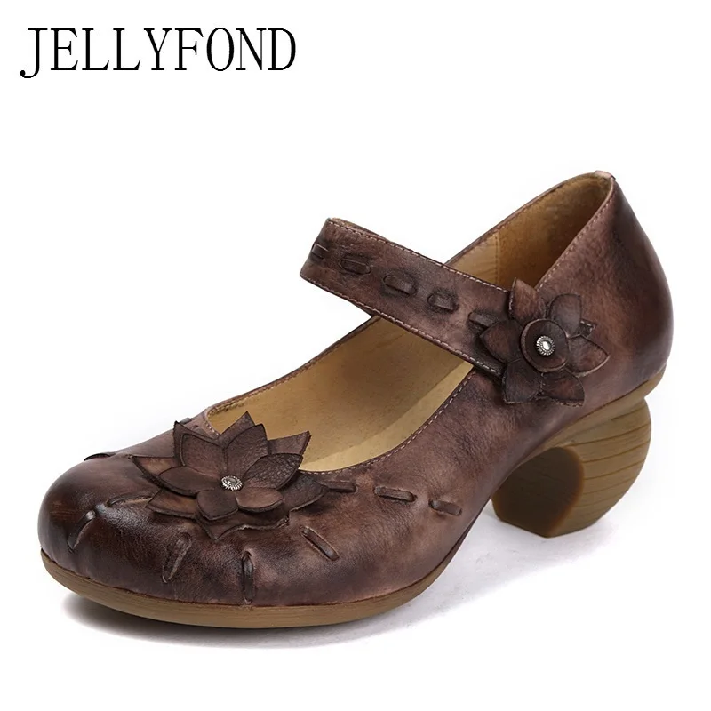 

2018 Spring Women High Heels Shoes Woman Genuine Leather Platform Handmade Flower Vintage Retro Women Pumps Zapatos Mujer
