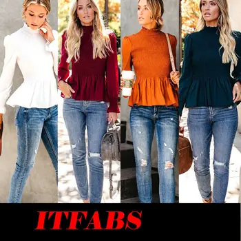 

2019 New Women Chiffon Loose Tops Long Sleeve Sexy Collar Neck Casual Blouse