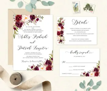 

Burgunday Watercolor Wedding Invitation Floral Design with Envelope CA0759
