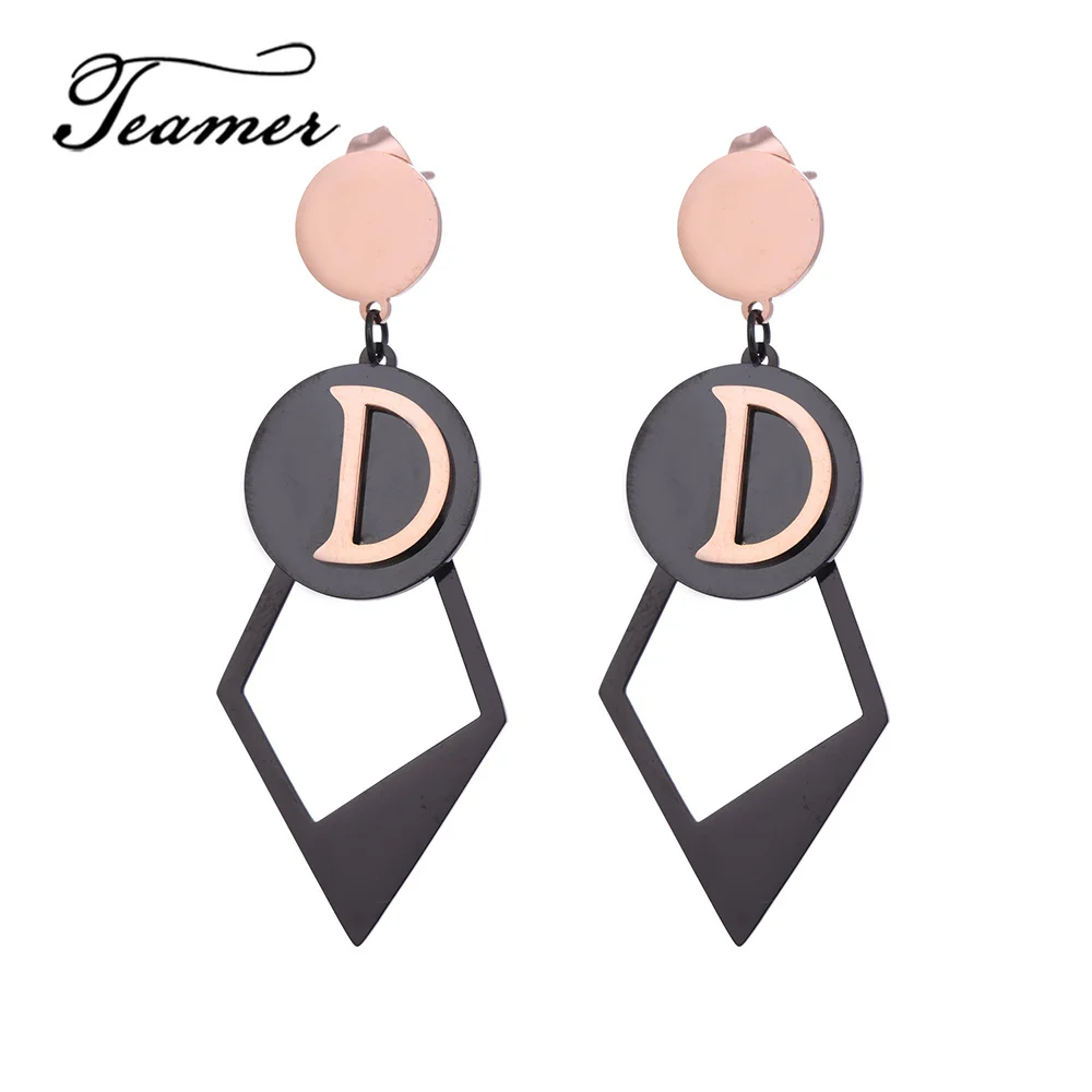 

Teamer Hollow Geometric Stainless Steel Earrings for Women Letter D Drop Earrings Rhombus Black Gold Long Brincos 2019 Jewelry