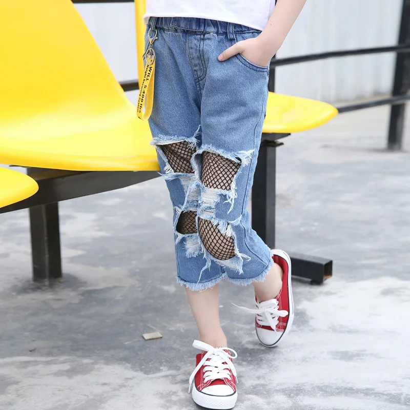 Summer ripped jeans for girls denim pants mesh stitching casual