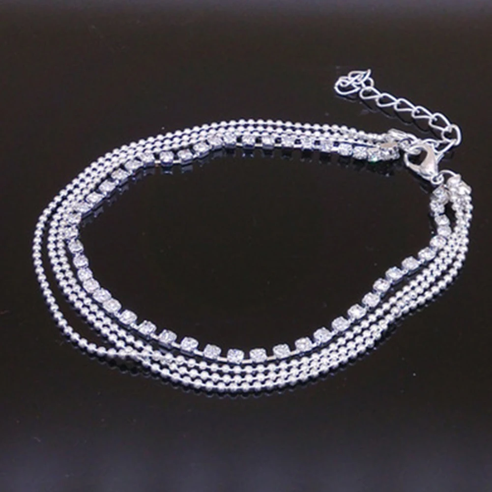 

Fashion Multi-layers Crystal Beading Silver Stretch Anklet Foot Chain Rhinestone Ankle Bracelet tornozeleira femininas#136