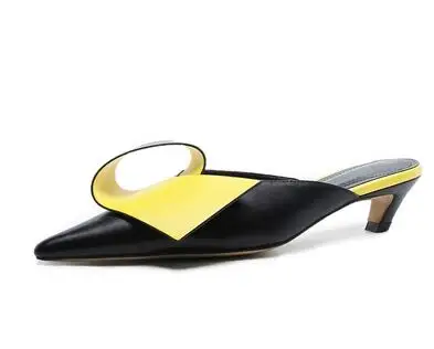 Пикантные женские туфли с острым носком; цвет желтый, черный; кожаные домашние тапочки; женские модельные туфли-лодочки на высоком каблуке 5 см; zapatillas mujer - Цвет: Цвет: желтый