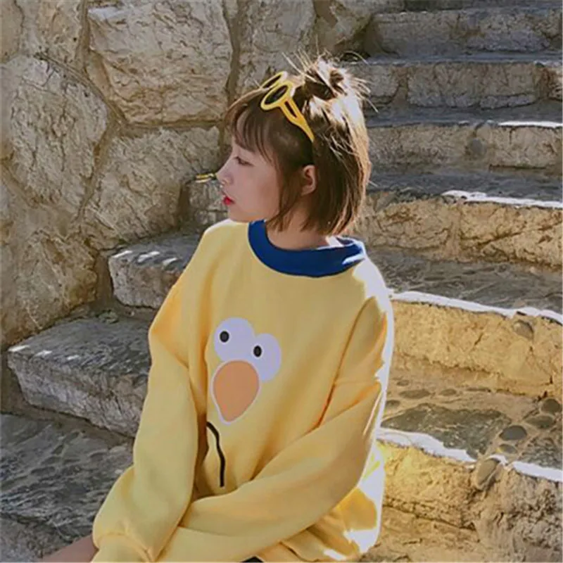 Korean Preppy Style Yellow Duck Cartoon Hoodies Fashion Long Sleeve Women Sweatshirt Casual O