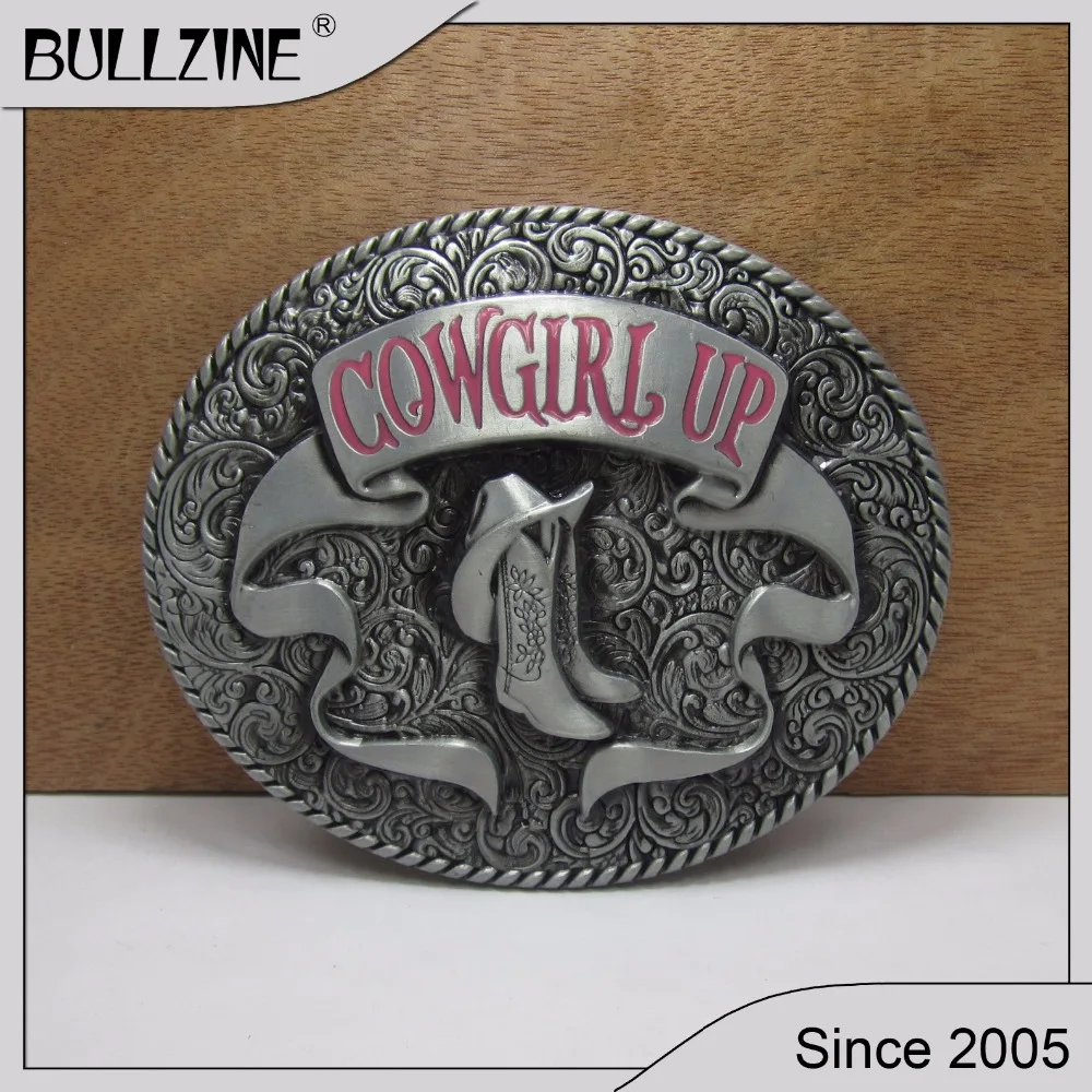 The Bullzine wholesale Cowgirl belt buckle with pewter finish FP 02460