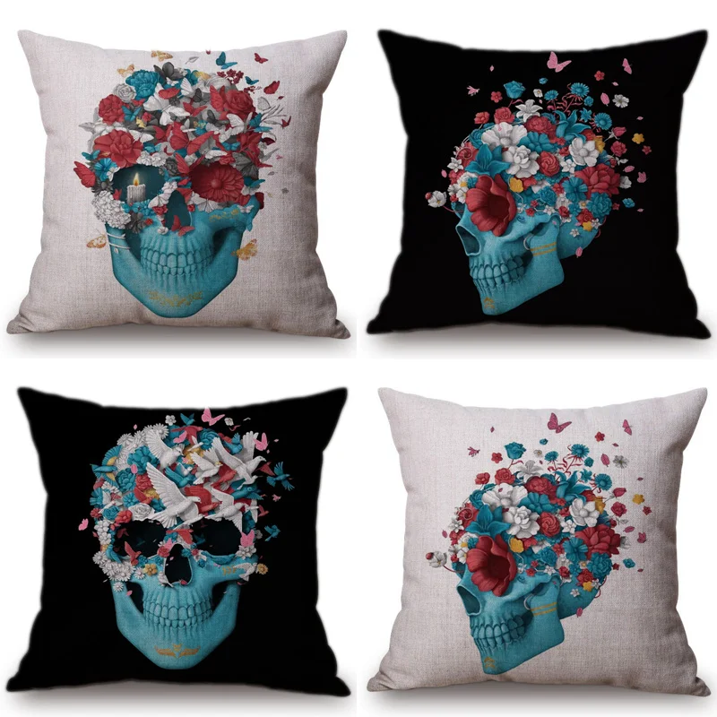 Наволочка для подушки с изображением черепа черного и синего цвета|cushion case|cushion