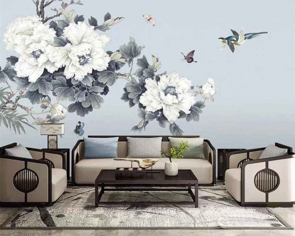 

Beibehang wallpaper hand-painted pen peony flower TV background wall living room bedroom decoration 3d wallpaper papel de parede