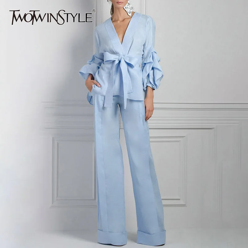 

TWOTWINSTYLE Kimono Blouse Wide Leg Pants Women Two Piece Lantern Sleeve Lace up Shirt Tops Female High Waist Trousers Suit 2019