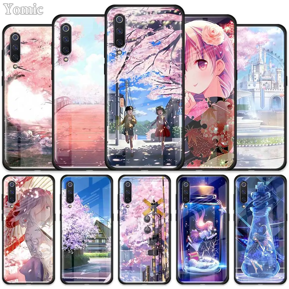 

Japanese anime Cherry blossom girl Tempered Glass Case for Xiaomi Redmi Note 7 6 Pro K20 Pro Redmi 7 Mi 9 Cell Mobile Phone Case