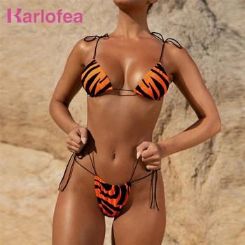 

Karlofea Summer Micro Bikini Swimsuit Chic Print Neon Green Orange Rose Beach Outfits New Sexy Strap String Thong Bathing Suits