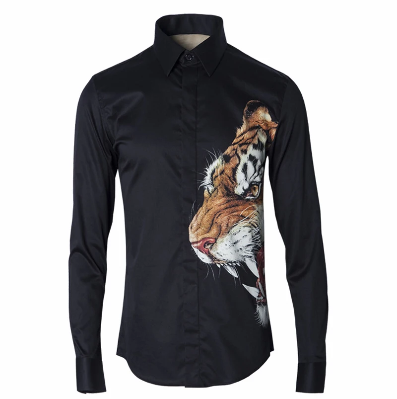 

Tiger Print Shirt Men Luxury Brand Design Chemise Homme Slim Fit Long Sleeve Elegant Camisas Hombre Mens Dress Shirts Black