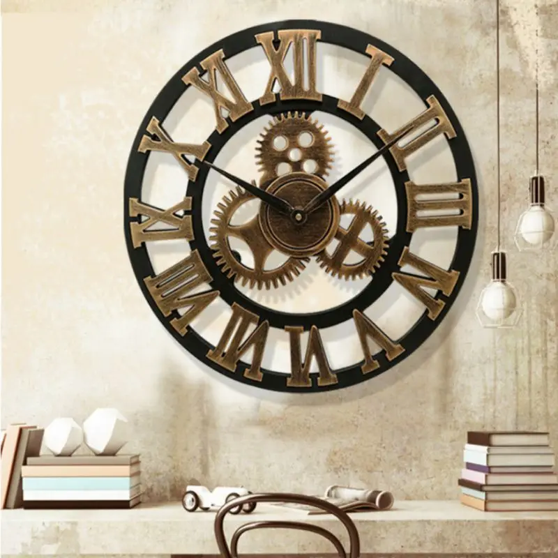 15.57"/17.72" Retro Wall Clock Wooden Round Gear Single Side Roman Numerals for Living Room Bar Home Decoration Clock