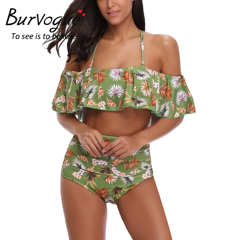 Burvogue High Waist Swimsuit Women Sexy Summer Monokini Swimwear Female Push Up Printed Bathing Suit With