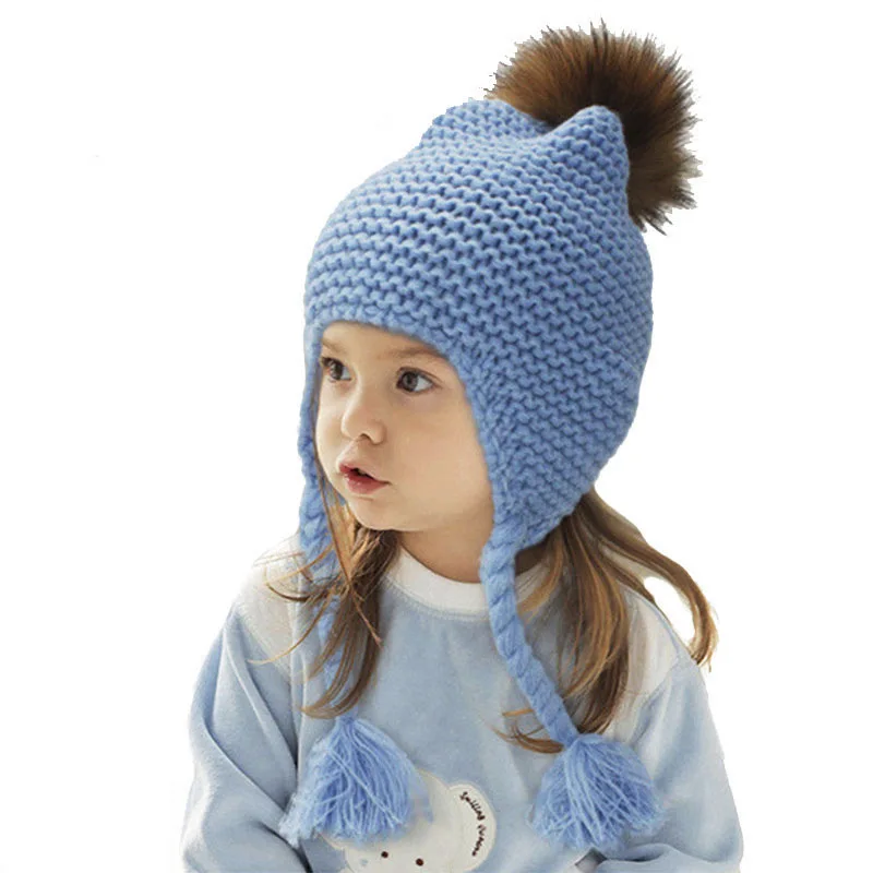 

Free Ship Kids Real Fur Pom Pom Hat Baby Winter Crochet Earflap Hat Girls Boys Knitted Beanie Real Fur Pompom Hat for Children