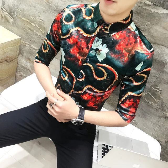Luxury Floral Shirt Men Fancy 3d Print Slim Fit Dress Shirt Chemise