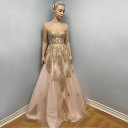 Элегантное светло-розовый тюль платье вечернее Золотое кружево без бретелек трапециевидной формы Длинные вечерние платья 2019 изготовление