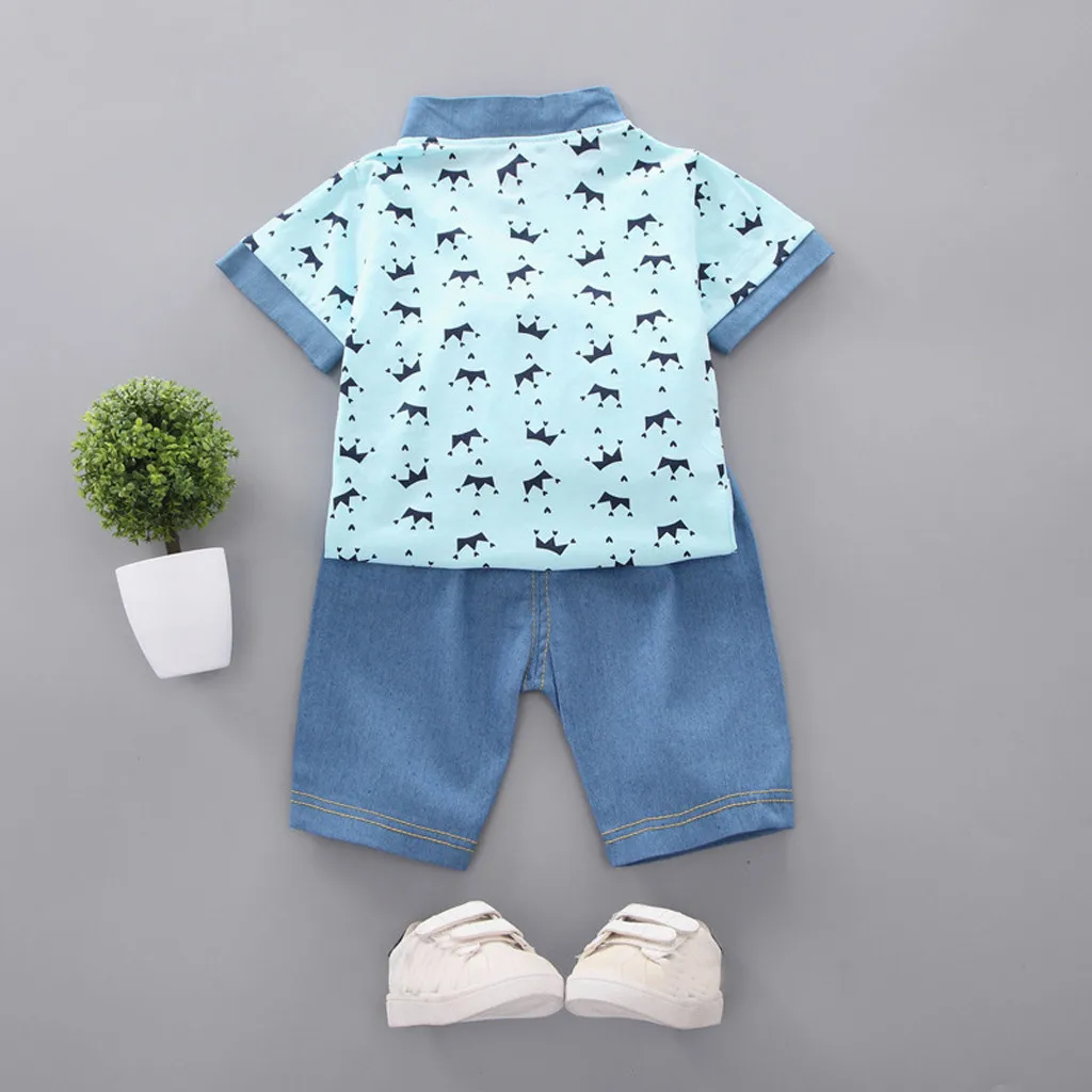 Toddler Boy Clothes Summer Crown T Shirt+ Denim Shorts Pants Sets Outfits Children Baby Clothing For Boys 1 2 3 4 5 Years