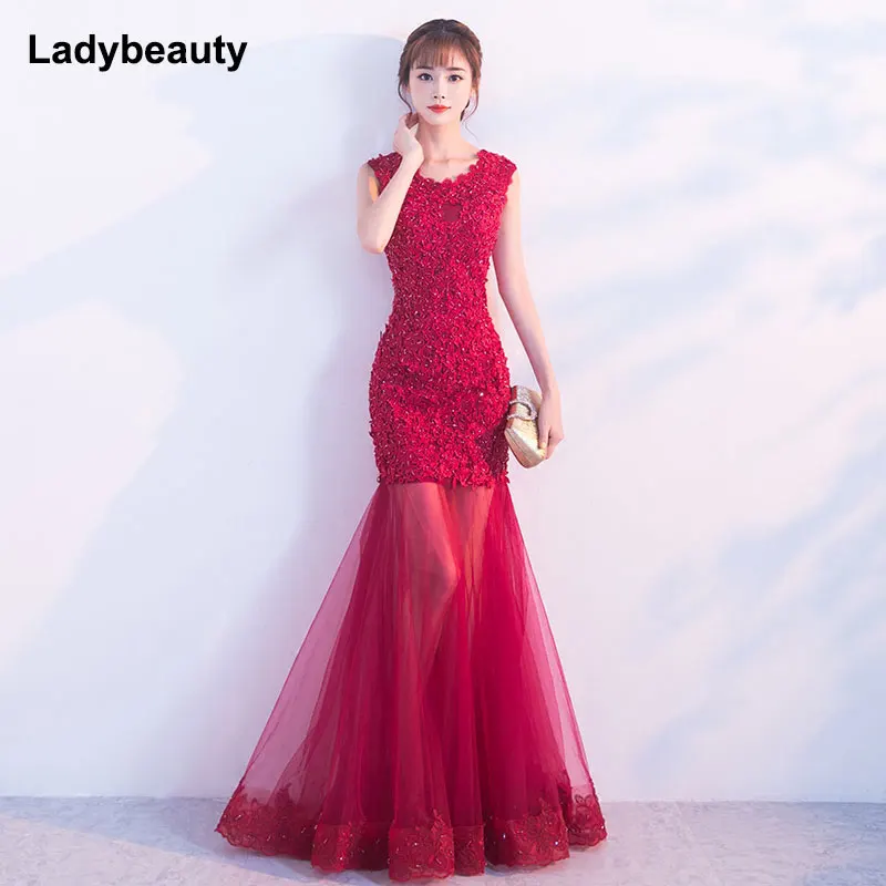 

2018 Red wine Mermaid Evening Dresses O Neck Beadings Prom Gowns Illusion Floor Length Vintage Lace Party Dresses robe