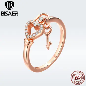 

BISAER Authentic 925 Sterling Silver Rose Gold Color Heart Lock and Key Adjustable Rings for Women Fashion Jewelry GXR501