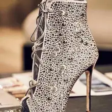 Роскошные женские модные ботинки на высоком каблуке со стразами; пикантные женские ботильоны на шнуровке с открытым носком; модельные ботинки на металлическом каблуке; вечерние туфли