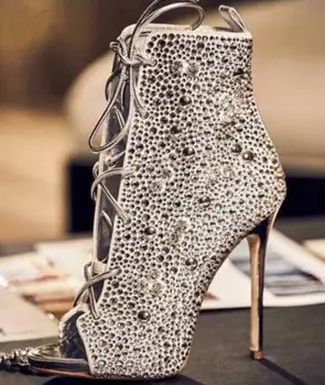 

Luxury Rhinestone Cover Women Fashion High Heel Boots Sexy Peep Toe Ladies Lace Up Ankle Boots Metal Heel Dress Boots Party Shoe