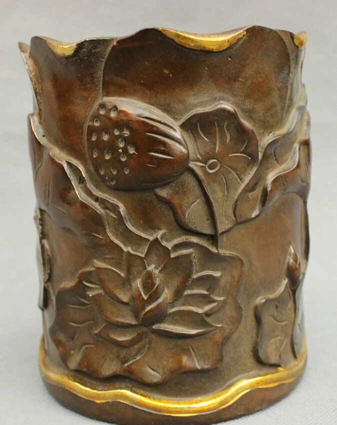 

song voge gem S2378 Chinese Bronze Gilt Auspicious Lotus Leaf Statue Brush Pot Barrel Pencil Vase