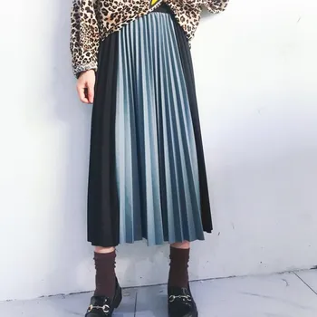 

2019 Spring Autumn Woman High Waist Solid Patchwork Long Pleated Skirt Contrast Color Long Skirt Fashion Female Streetwear