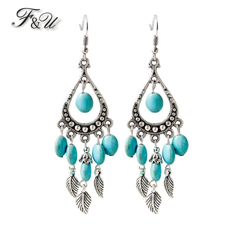 

F&U Trendy Green Stone with Antique Silver Color Leaf Shaped Bohemia Style Dangle Earrings Tassel