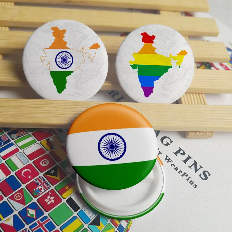 

India Flag Map Tin Button Pins LGBT Gay Rainbow Pride Tin Button Badges