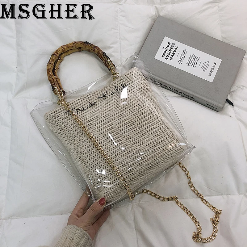 

MSGHER Handbags Women Summer Transparent Composite Bags Casual Straw Beach Bags Fashion Candy Color Jelly Bags