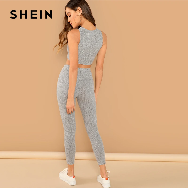 Cheap SHEIN Grey Heathered Knit Crop Tank Top and Drawstring Waist Leggings Set Women Spring Skinny Sporting Workout Two Piece Sets