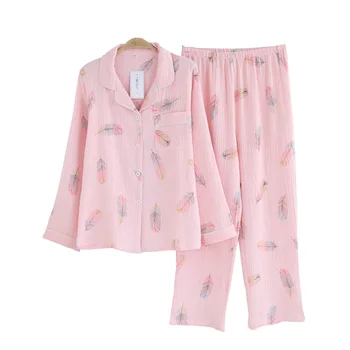 

New Winter Women's Cotton Crepe Pajamas Long-sleeved Trousers Pajama Set Feather Print 2-piece Pijama Suit Household Clothes