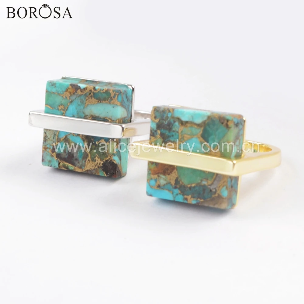 

BOROSA 5PCS Design Gold / Silver electroplated Bezel Square 17mm Natural Turquoises Ring Jewelry for Ladies wholesale ZG0377