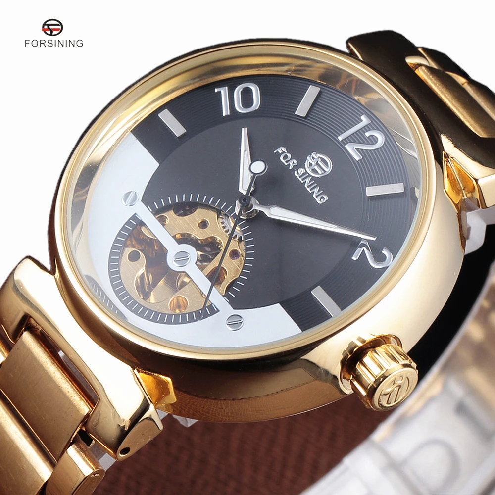 Forsining мужские часы с синим циферблатом и черепом Horloge автоматические Золотые