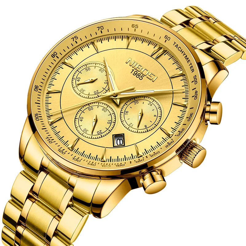 

NIBOSI Men's Watch Golden Stainless Steel Chronograph Men's Wristwatch Clock 2018 Steel Men Watch Waterproof Mens Watches Quartz