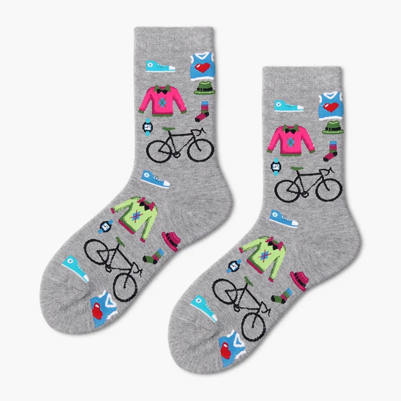 PEONFLY/Хлопковые женские носки с круглым вырезом; повседневные милые уличные носки с забавным принтом в виде собаки-инопланетянина; с космическим принтом для девочек; подарок - Цвет: Bicycle