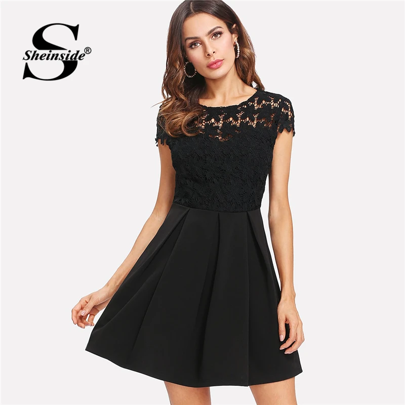 

Sheinside Lace Bodice Tie Back Pleated Dress Elegant Women A Line Black Short Party Dresses Ladies Cap Sleeve Summer Mini Dress