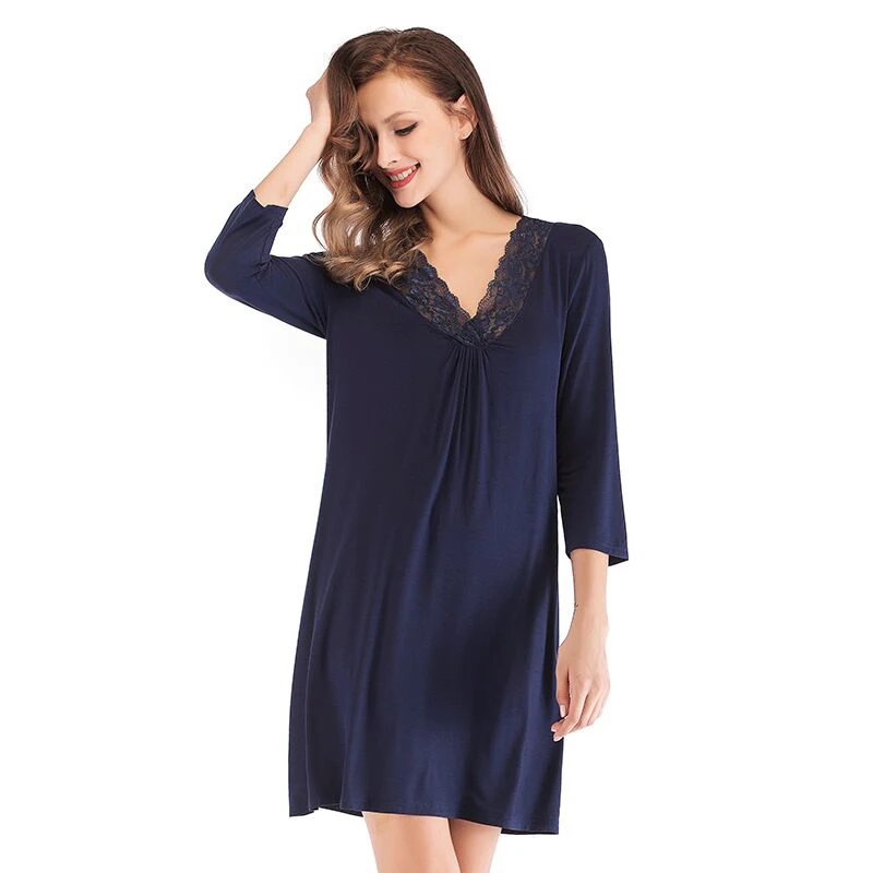 

2019 Summer Nightwear Women Sexy V-Neck Lace Nightgown Female 3/4 Sleeve Loose Nightgown Soft Sleepwear Sleepshirt Nightdress
