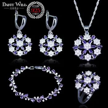 

Natural Flower Jewelry Purple Cubic Zirconia Crystal Jewelry Sets For Women Earrings/Pendant/Necklace/Rings/Bracelet