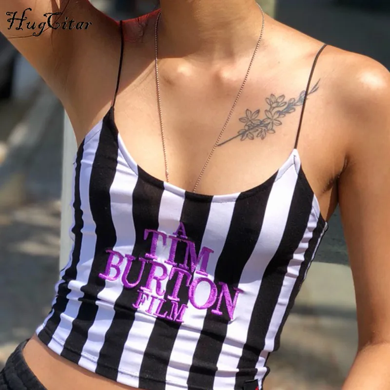  Hugcitar spaghetti straps stripe letters Embroidery slash neck sexy crop tops 2018 summer women fas