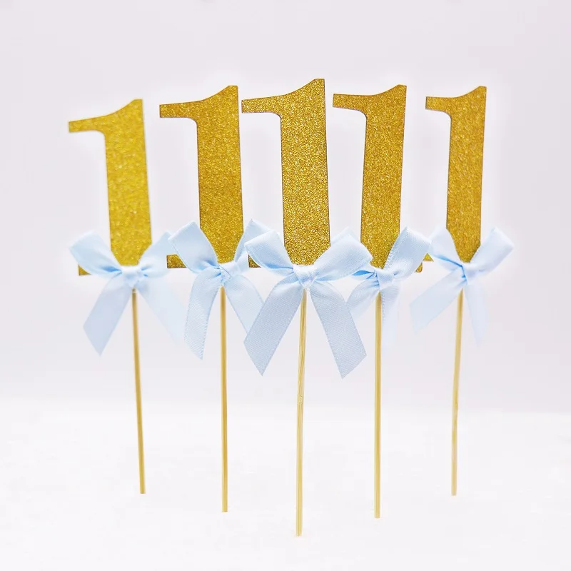10 шт./партия торт Топпер Вставка карты торт для детского праздника Топпер 1 год Дети с изображением пирожного на день рожденья вставка декоративная открытка аксессуары - Цвет: Gold blue