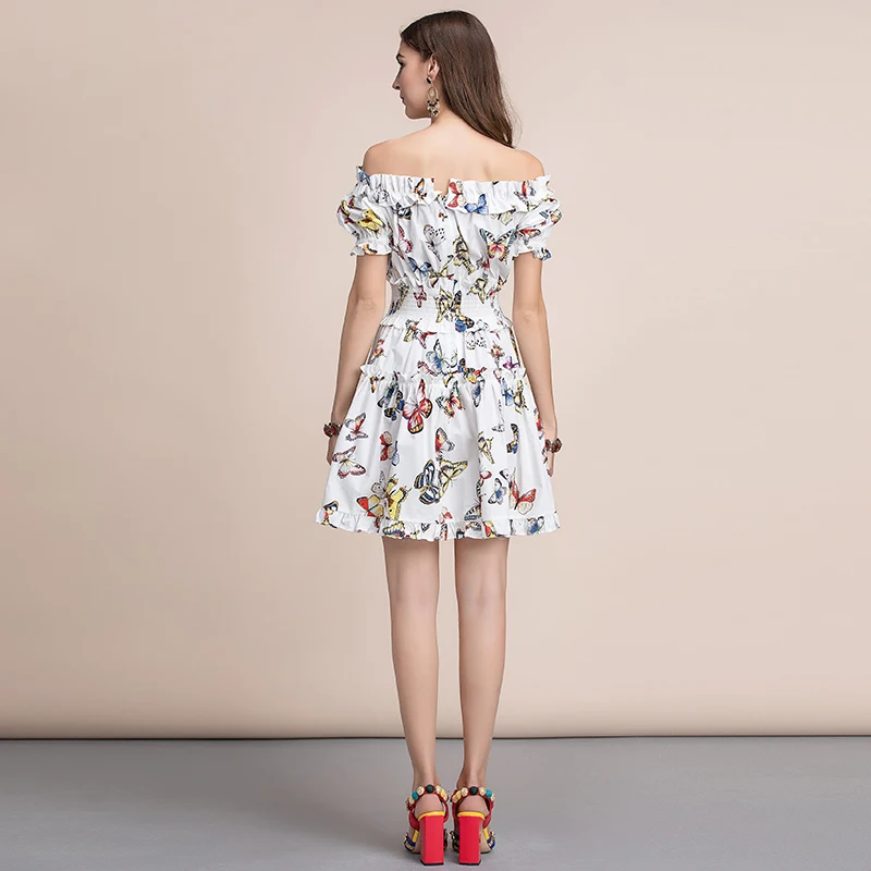 LD Linda della модные летние шорты платье Для женщин Слэш шеи с эластичной резинкой на талии, с принтом «бабочка» с оборками элегантное белое хлопковое платье