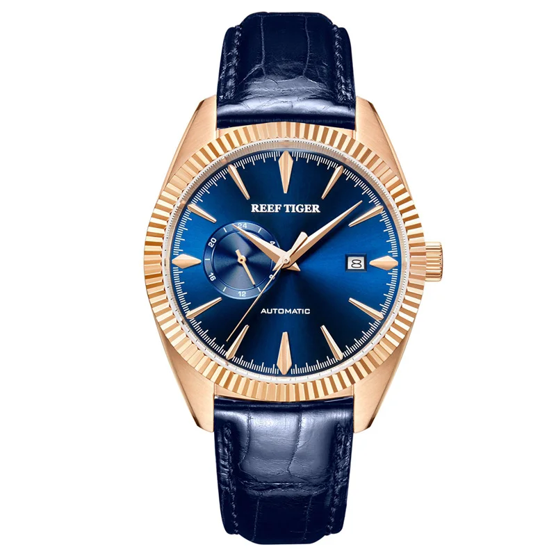 Reef Tiger/RT автоматические нарядные часы для мужчин, Топ бренд, роскошные часы, ремешок из натуральной кожи, синие часы, мужские часы RGA1616 - Цвет: RGA1616-PLL