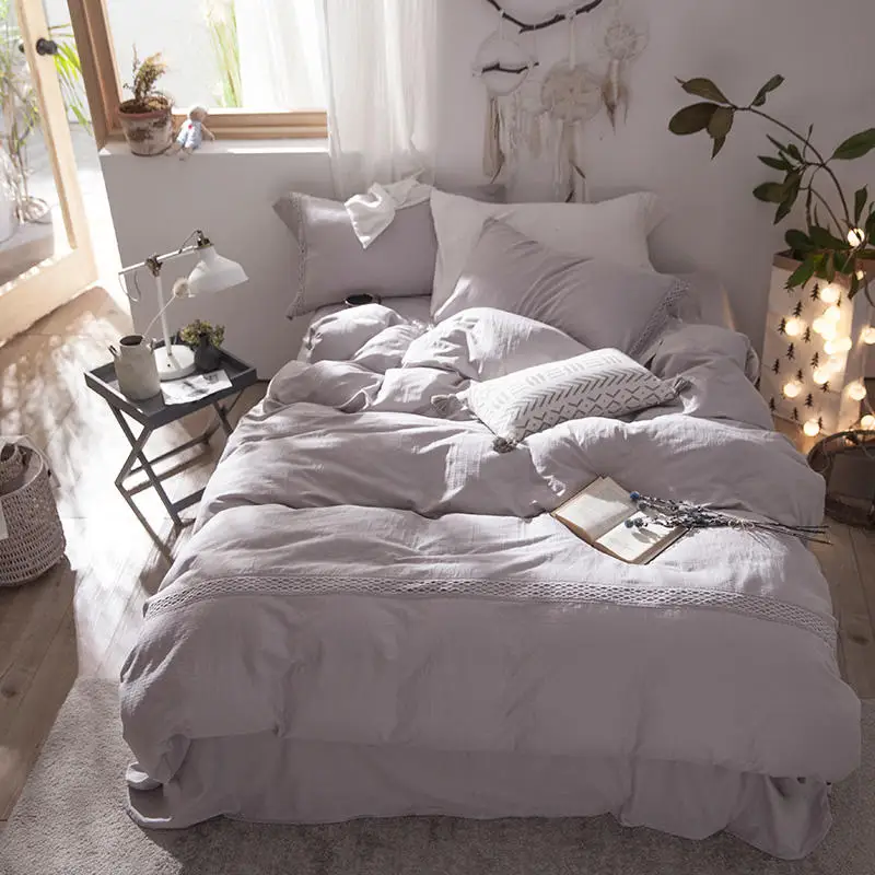 

Ultra Soft Breathable Lightweight Cotton Linen Bedding Solid Pink White Bedding Queen King size Bed sheet Fitted Pillow shams