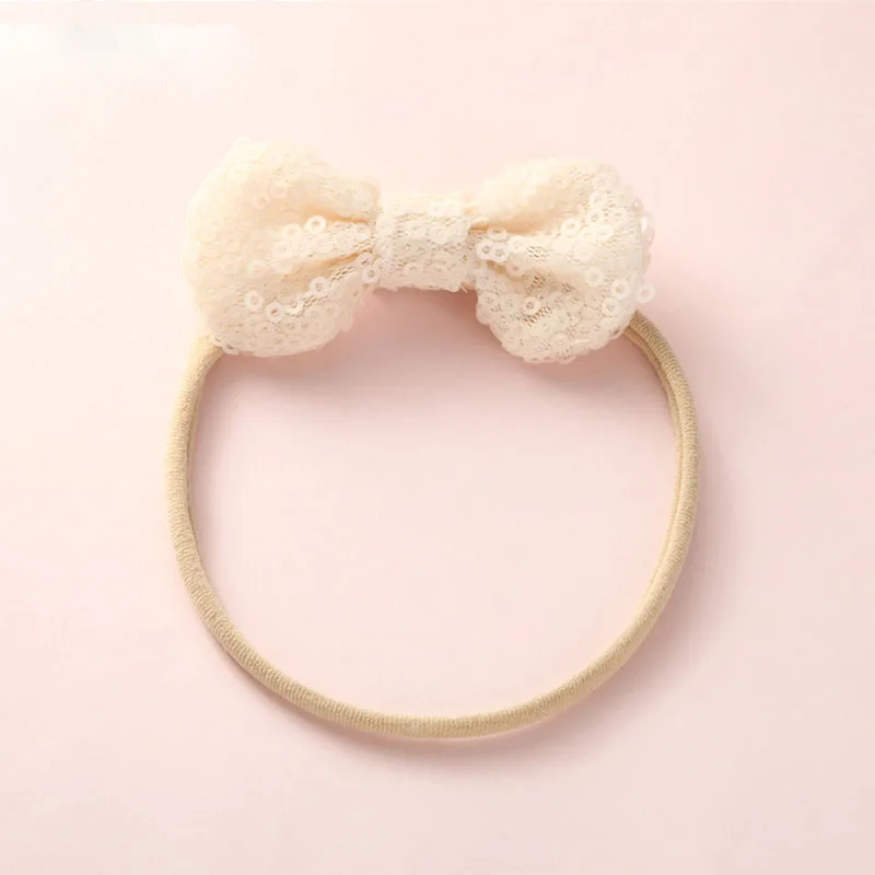 #9Fashion Shiny Baby Girl Nylon Elastic Headband Mini Ring Lace Bowknot Headdress Solid Color Newborn Baby Princess Headwear