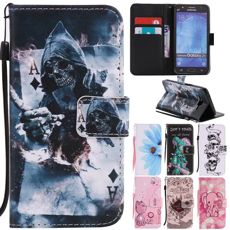 

Luxury Cute Cartoon Poker Skull Elephant Flower Flip Leather Fundas Case For Samsung Galaxy J3 J5 J7 2015 J300 J500 J700 Cover